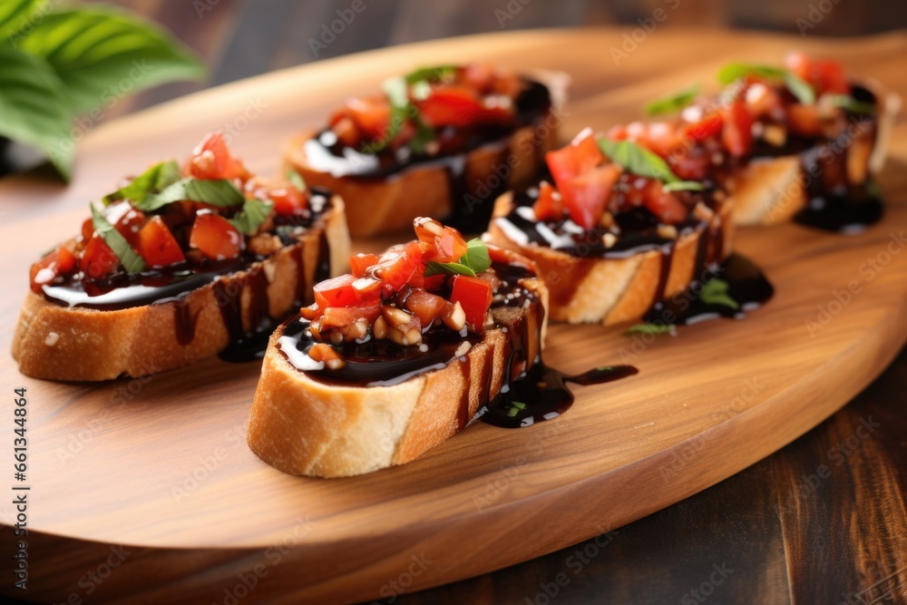 bruschetta topped with red tomatoes and shiny balsamic glaze on a wooden board bruschetta topped with red tomatoes and shiny balsamic glaze on a wooden board