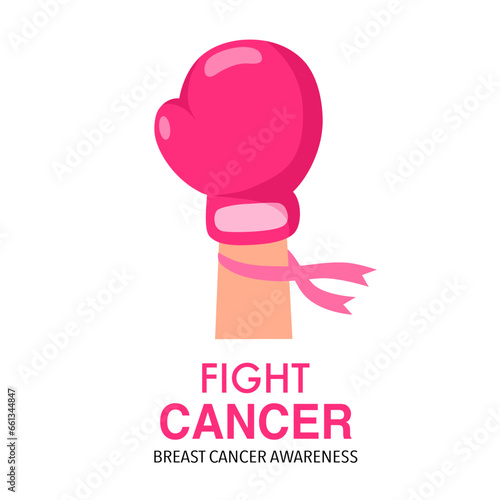 Breast Cancer Awareness Month Banner. Pink boxing glove with pink ribbon in flat design.