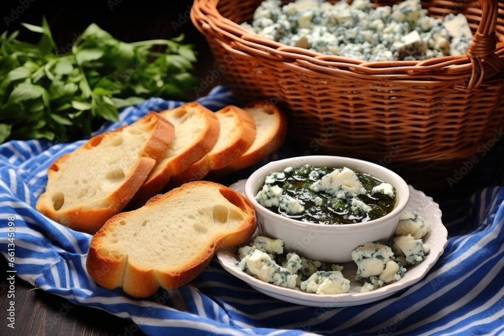 blue cheese bruschetta next to basket of fresh bread