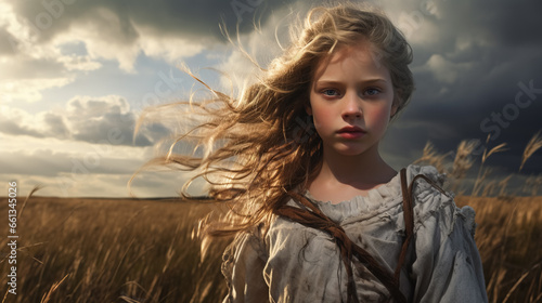 Child in field with windswept hair.