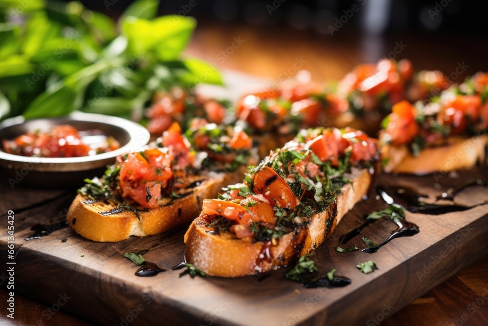 grilled bruschetta with scattered oregano on a kitchen counter grilled bruschetta with scattered oregano on a kitchen counter