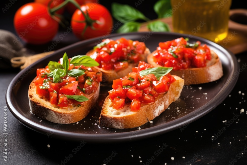 bruschetta served on a ceramic dish with a sprig of mint