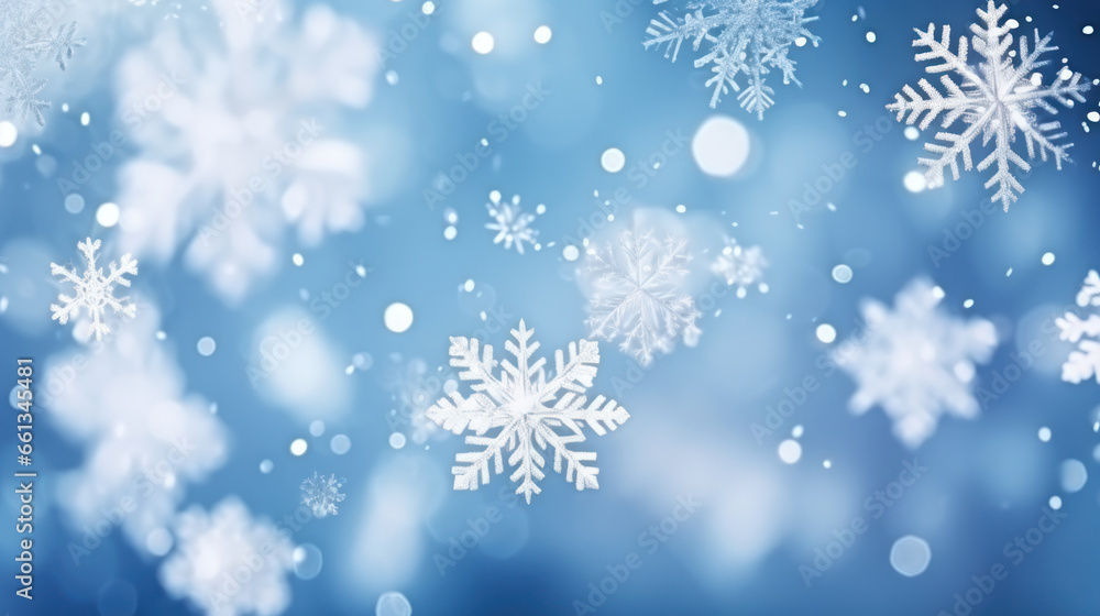 Christmas blue background with snow. AI Generative