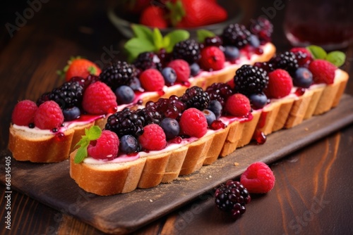 baguette slices topped with mixed berries against a brick wall background
