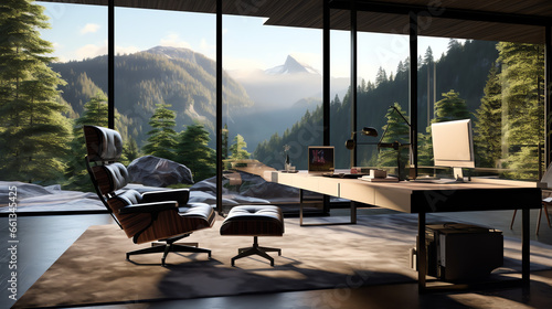 Büro mit Blick auf Berge und Wald