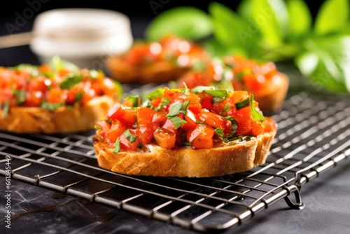freshly baked bruschetta with basil on a cooling rack