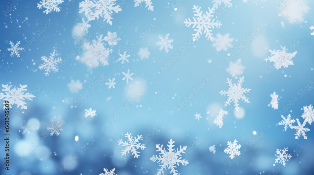 Christmas blue background with snow. AI Generative