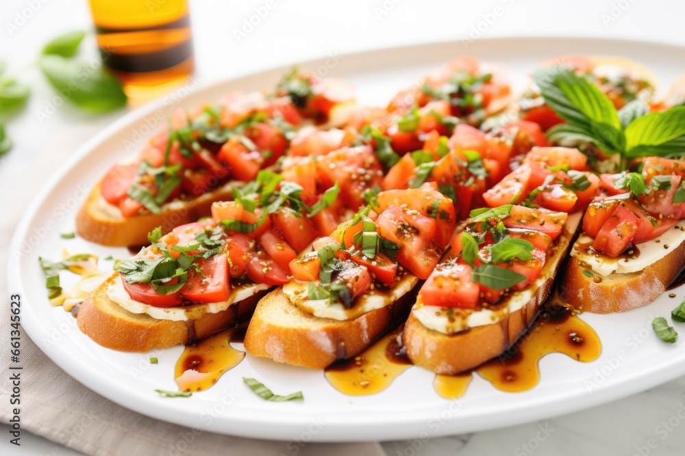 honey drizzle over bruschetta on white platter honey drizzle over bruschetta on white platter