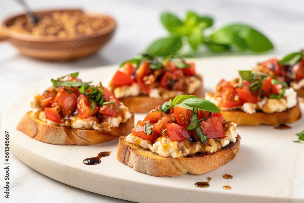bruschetta with hummus on a marble surface bruschetta with hummus on a marble surface