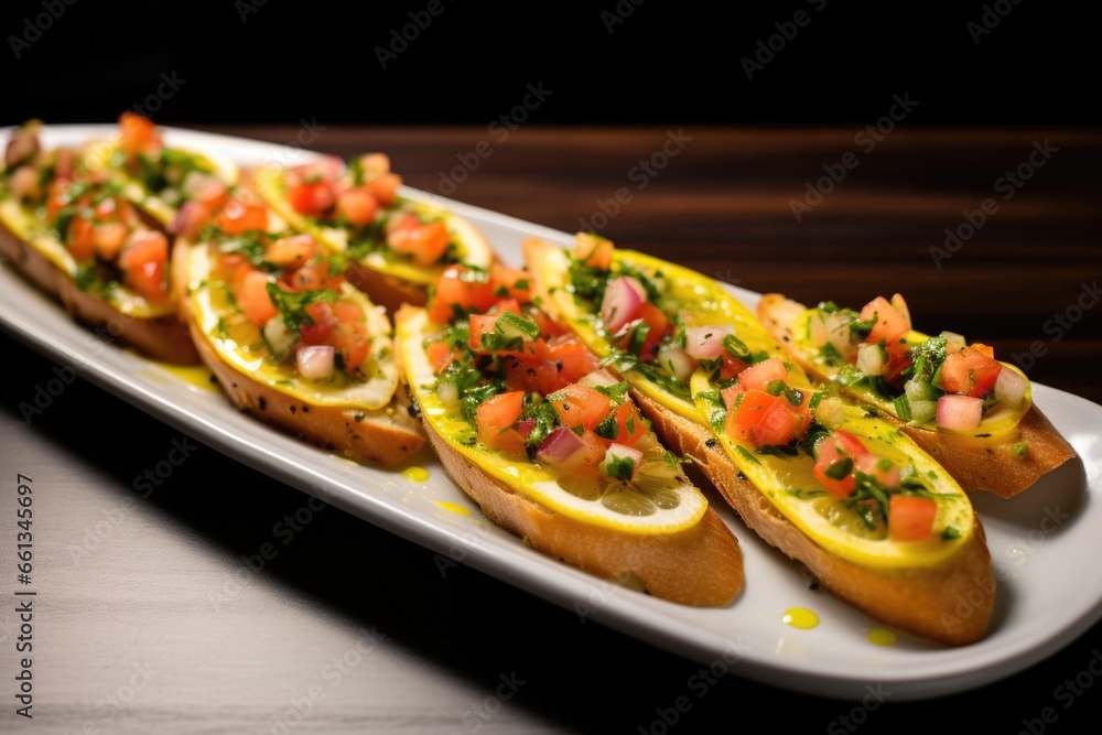 a row of lemon zest bruschetta on a long, skinny dish a row of lemon zest bruschetta on a long, skinny dish
