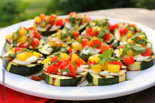 grilled zucchini and bell pepper bruschetta on a white plate