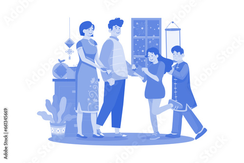 Children receive red envelopes symbolizing good luck from parents.