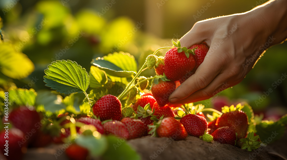 Delicate hands picking strawberries in lush patch Delicate hands picking strawberries in lush patch