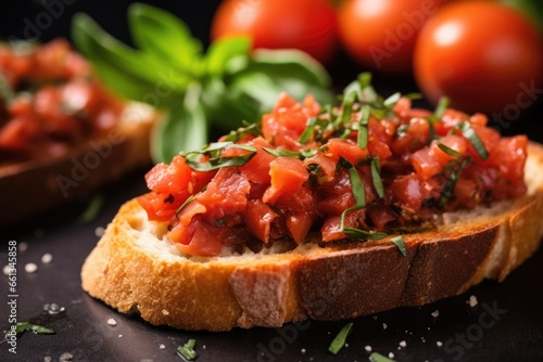 closeup of a morsel of bruschetta with one whole olive on it