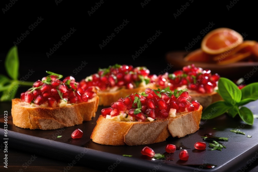 freshly made bruschetta garnished with pomegranate seeds under soft light freshly made bruschetta garnished with pomegranate seeds under soft light