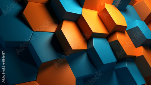 Experience the visual harmony of a hexagonal background in blue and orange  a captivating fusion of modern art and geometry Created with generative AI tools.