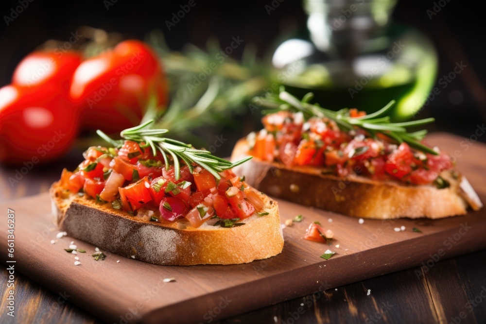two bruschetta pieces on a stone board surrounded by rosemary sprigs two bruschetta pieces on a stone board surrounded by rosemary sprigs