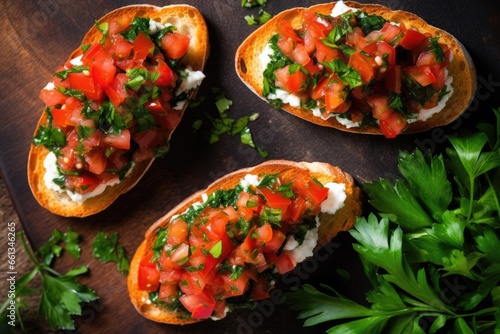 overhead shot of bruschetta with ricotta and finely chopped parsley