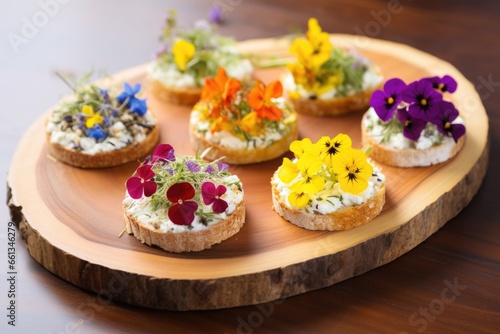bruschetta with ricotta decorated with small edible flowers on a wooden round board