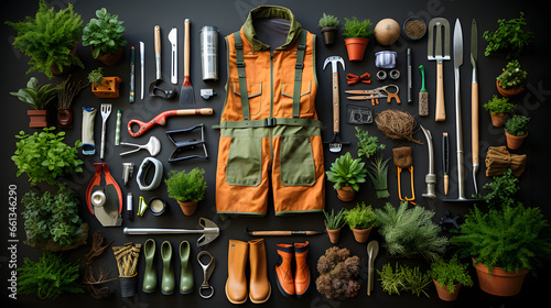 Knolling of gardening tools on green lawn photo