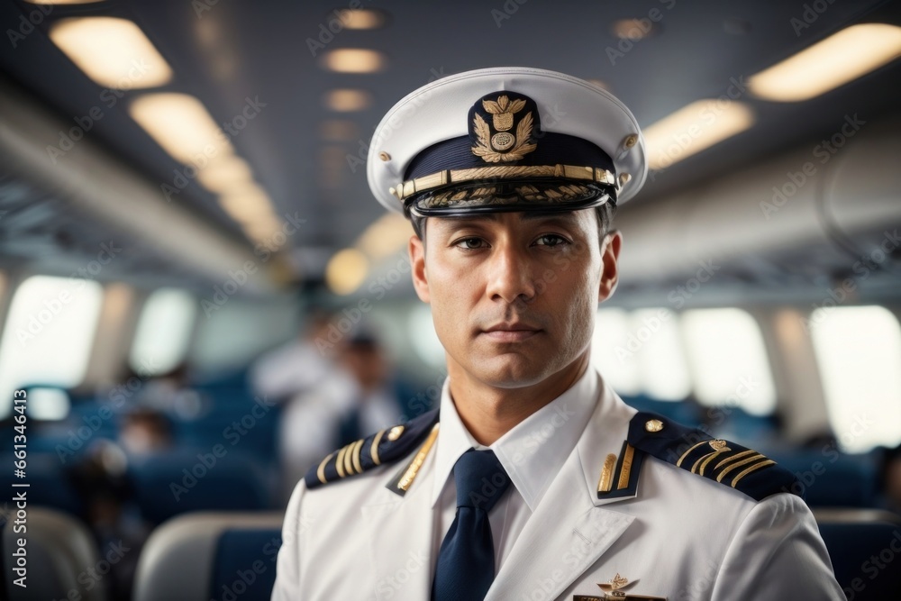 portrait of the captain of a passenger plane with inside the plane portrait of the captain of a passenger plane with inside the plane
