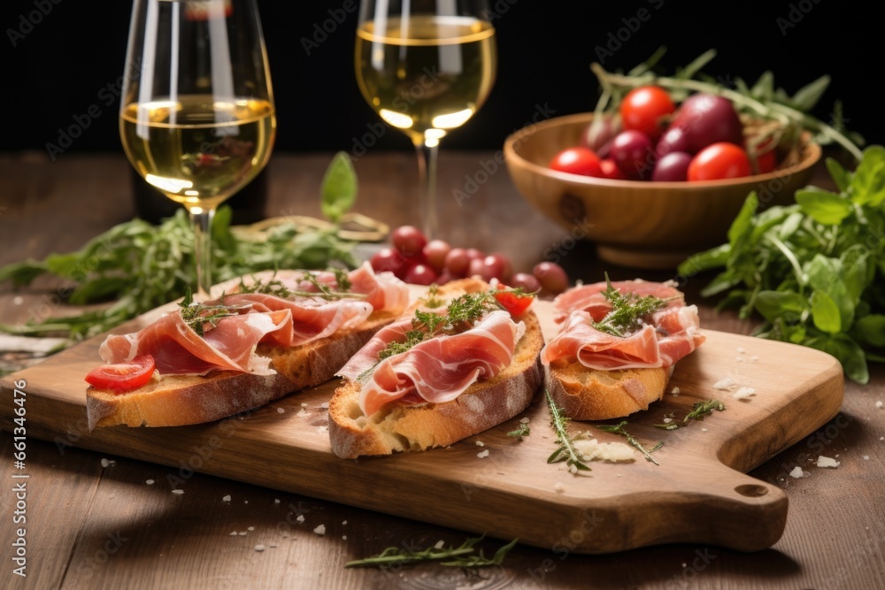 rustic wooden board with serrano ham bruschetta rustic wooden board with serrano ham bruschetta