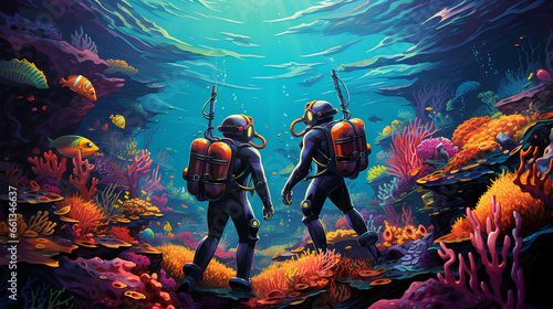 Fotografie, Obraz illustration of an divers using wetsuits in a magical sea world and colorfuly