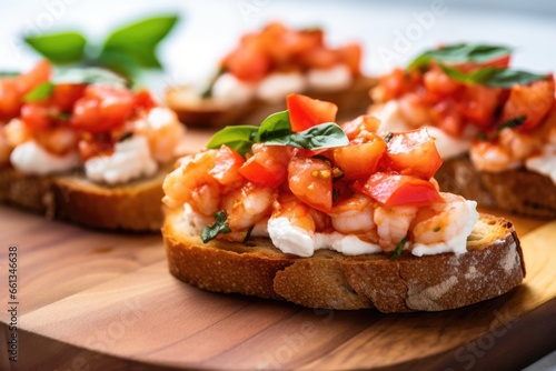 close-up of shrimp topping on rustic bruschetta bread slices