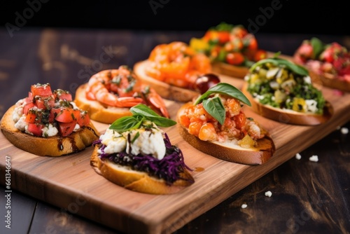 multiple flavors of bruschetta  featuring a shrimp variant