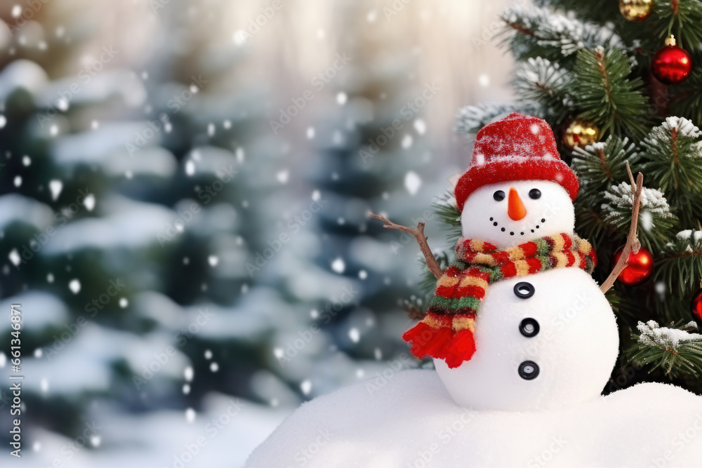 Happy decorated snowman in hat and scarf in winter snowy seasonal holiday. AI generated