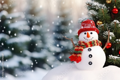 Happy decorated snowman in hat and scarf in winter snowy seasonal holiday. AI generated © Rafa Fernandez