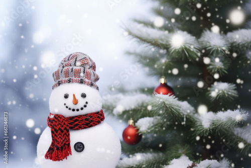 Happy decorated snowman in hat and scarf in winter snowy seasonal holiday. AI generated © Rafa Fernandez