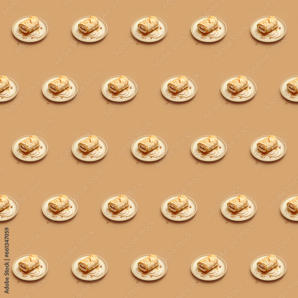 Seamless sweet cannolli dessert food photo pattern on a solid color background with soft shadows