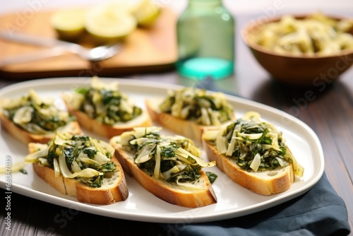 artful arrangement of simple spinach and artichoke bruschetta on rectangular plates