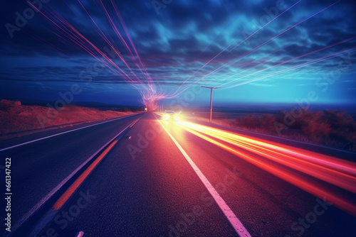 Nighttime Traffic Trails: Long Exposure Street Image of Vibrant Traffic Light Trails - Created using generative AI tools 