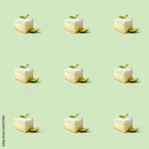 Seamless sweet coconut cake dessert food photo pattern on a solid color background with soft shadows