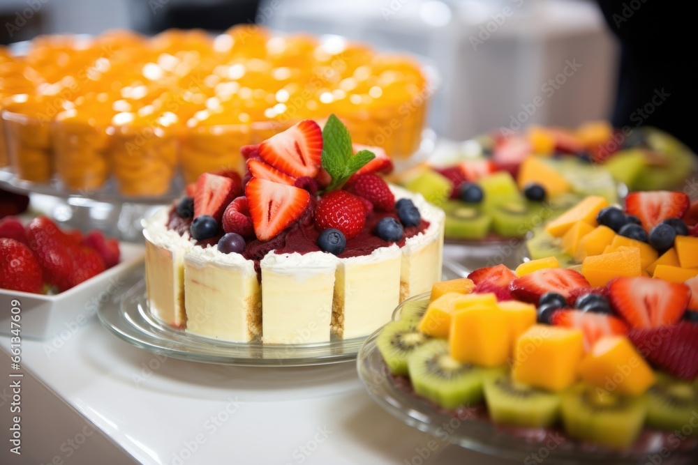 fruit topped cheesecake on a buffet