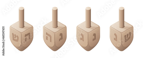 Set of 3D isometric Dreidel for Hanukkah. Vector and PNG on transparent background. 