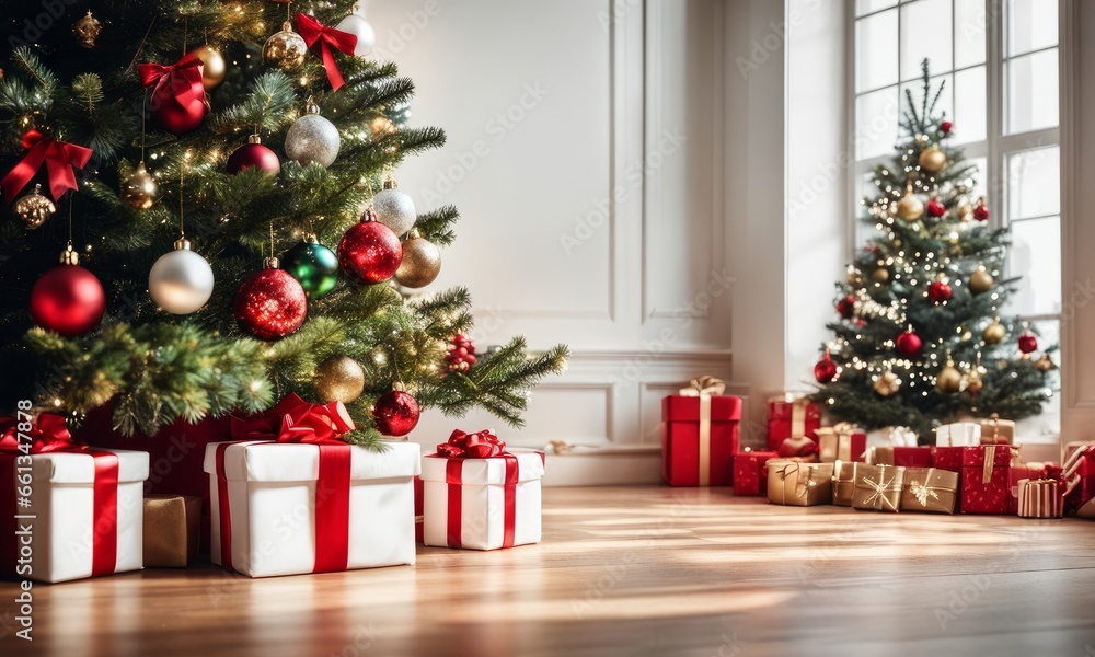 Big beautiful christmas tree decorated with beautiful shiny baubles and many different presents on wooden floor. White wall background with a lot of copy space for text. Close, Generative AI