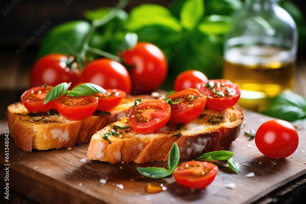 bread slices with tomatoes and basil under bright natural light