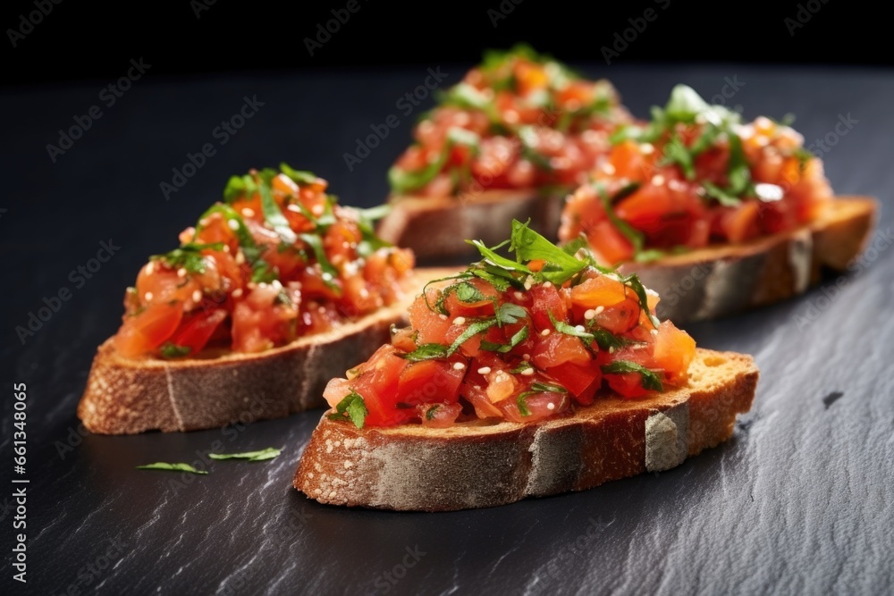 triangular tomato bruschetta on black stone background triangular tomato bruschetta on black stone background