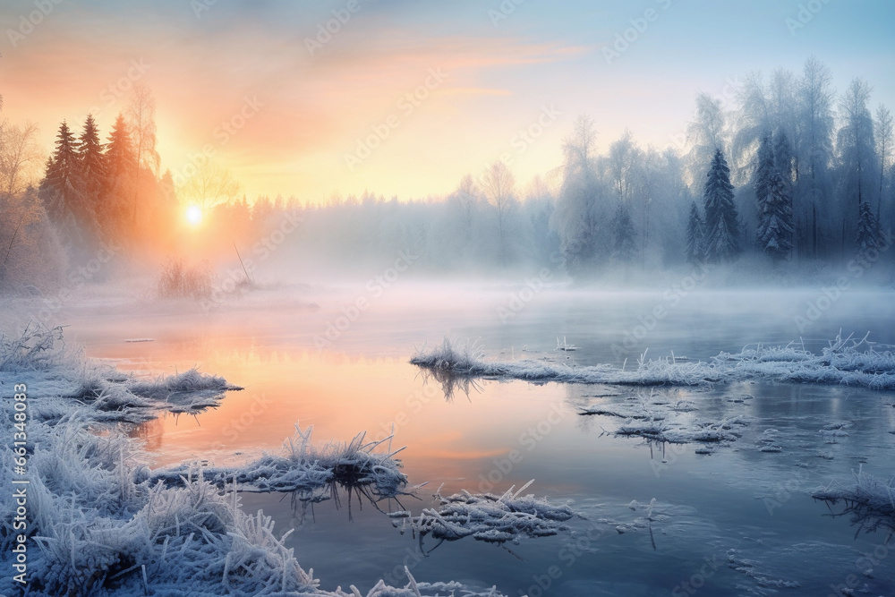 Fototapeta premium Lake in winter. Winter landscape