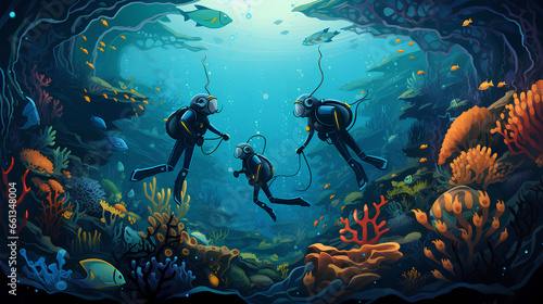illustration of an divers using wetsuits in a magical sea world and colorfuly