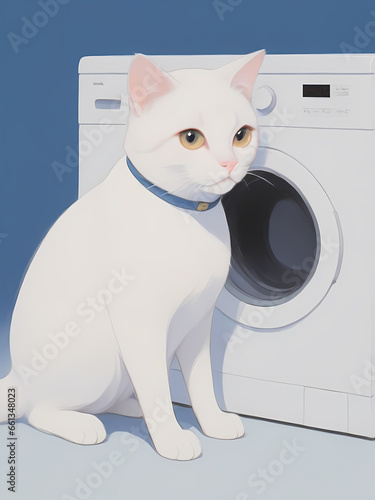 Adorable cat Illustration Art comic style standing next to the washing machine