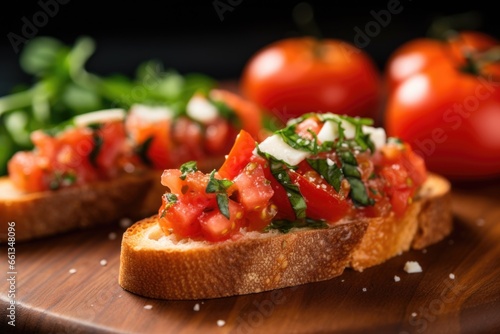 closeup shot catching the texture of a slice of tomato bruschetta