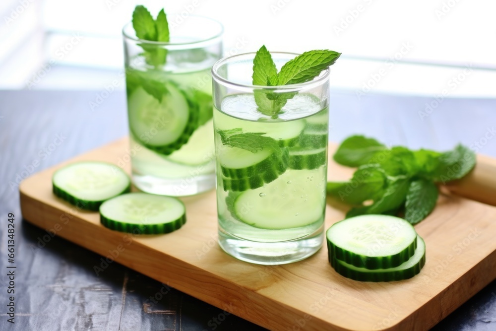 cucumber-mint water in a glass cup beside a slices of cucumber on wooden board cucumber-mint water in a glass cup beside a slices of cucumber on wooden board