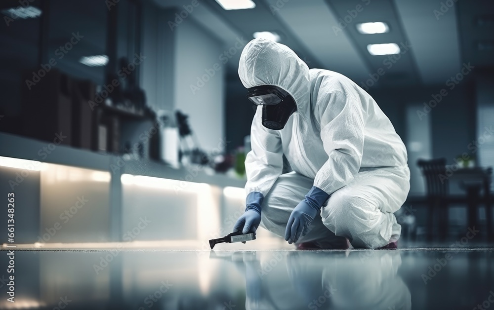 Forensic scientist in protective gloves are working at crime scen, room floor Forensic scientist in protective gloves are working at crime scen, room floor