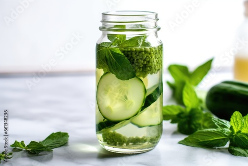 close shot of cucumber and mint leaves inside a glass bottle of water