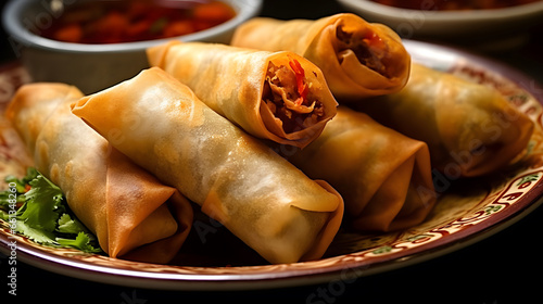 Tasty asian chicken spring rolls on plate with sauce. close up food photo photo