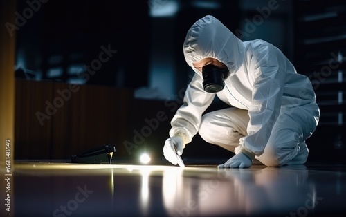 Forensic scientist in protective gloves are working at crime scen, room floor